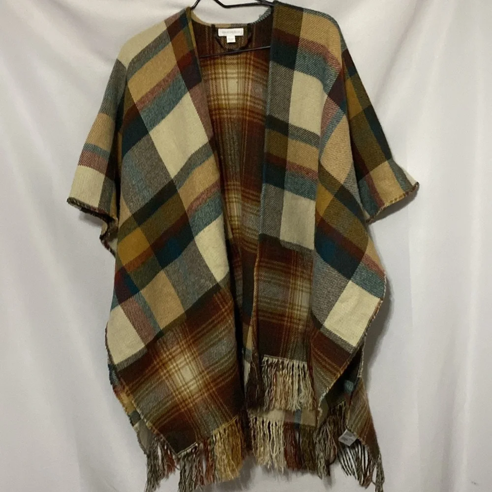 Charter Club One‎ size Multicolor Plaid Fringe Wrap BUTTON AT SIDES FALL COLORS